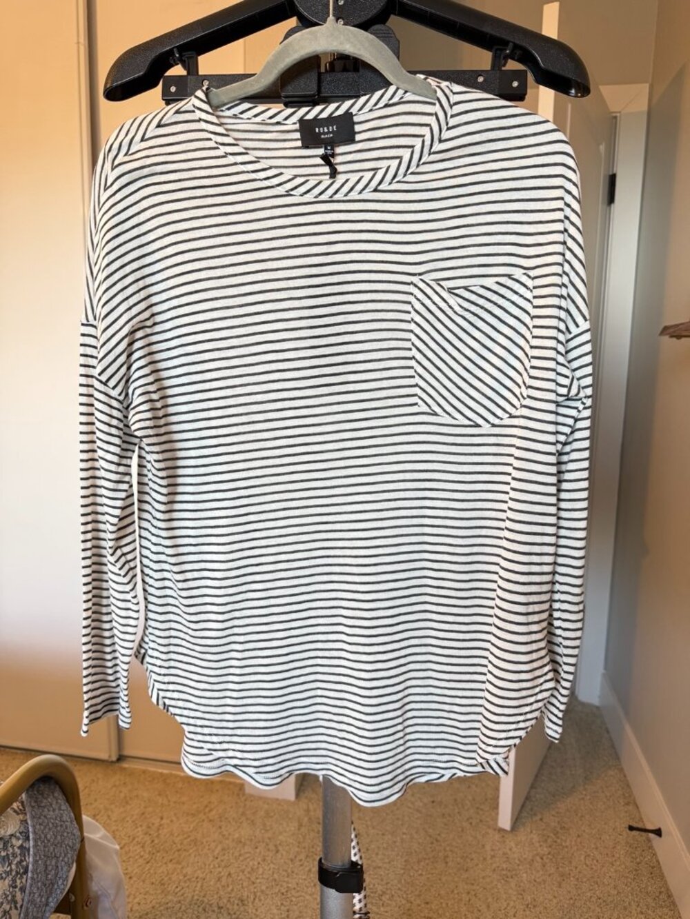 RO&DE Noir Striped Long Sleeve Pocket Top Size M NWT Made in USA